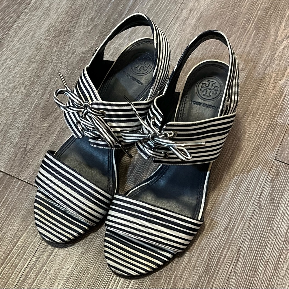 Tory Burch Black (Navy Blue) and White Striped Slingback Sandals with Tie Detail